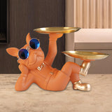 Maxbell Chic Resin French Bulldog Statue 2 Metal Trays with Glasses Home Decor Orange