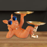Maxbell Chic Resin French Bulldog Statue 2 Metal Trays with Glasses Home Decor Orange