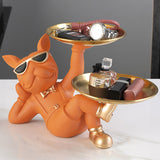 Maxbell Chic Resin French Bulldog Statue 2 Metal Trays with Glasses Home Decor Orange