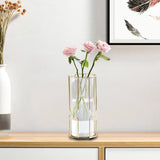 Maxbell Flower Vase Glass Tube Vase with Metal Rack Stand Desktop Flower Vase Decor Polygon 23.5x10.5cm
