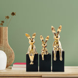 Maxbell 3Pcs Rabbit Family Statues Figurines Animal Figures Bedroom Bunny Sculptures Aureate