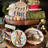 Maxbell Easter Tiered Tray Decor Set Rustic Tiered Tray Signs for Home Kitchen Table 8pcs