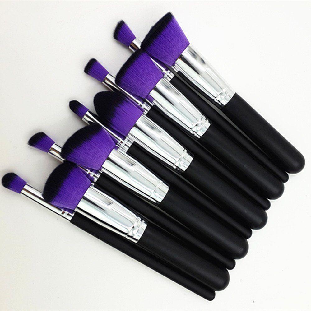 Premium Synthetic Kabuki Cosmetics Foundation Blending Blush Eyeliner Face Powder Lip Brush Makeup Brush Kit (10Pcs, Silver Purple)