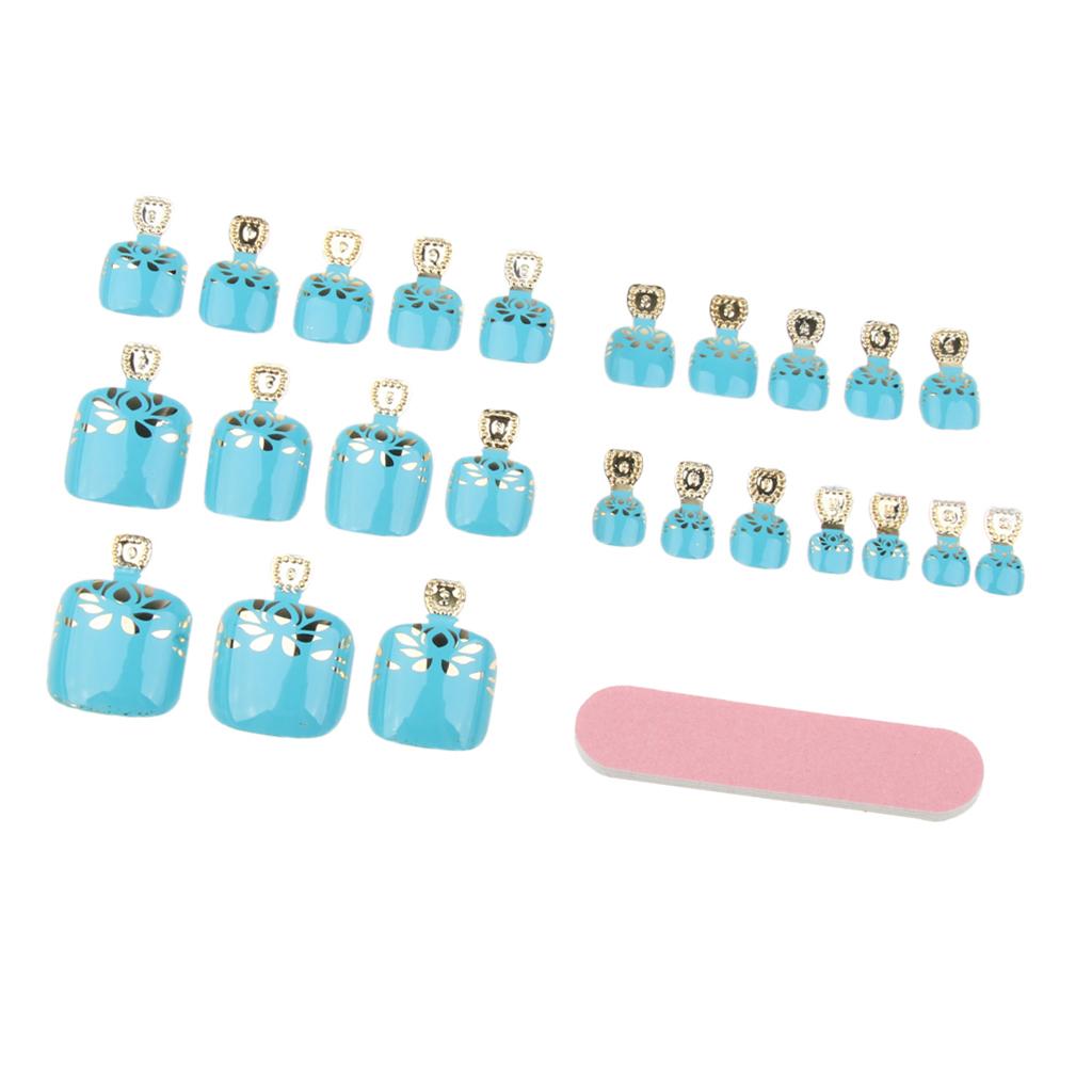 Maxbell 24pcs Metallic Toe Nails Full Cover Pedicure Artificial Nail Art Tips with Tool Blue