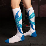 Maxbell 1 Pair Knee High Compression Socks Running Sport Stcok Ankle White Blue L-XL