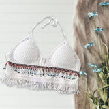 Maxbell Bohemia Crop Top Corset Vest Hollow Out Tank Camis Bralette for Women Rave 37cmx26cm White with Beads