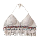 Maxbell Bohemia Crop Top Corset Vest Hollow Out Tank Camis Bralette for Women Rave 37cmx26cm Beige with Beads