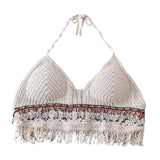 Maxbell Bohemia Crop Top Corset Vest Hollow Out Tank Camis Bralette for Women Rave 37cmx26cm Beige with Beads