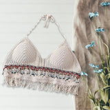 Maxbell Bohemia Crop Top Corset Vest Hollow Out Tank Camis Bralette for Women Rave 37cmx26cm Beige with Beads