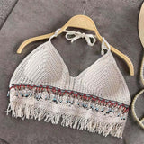 Maxbell Bohemia Crop Top Corset Vest Hollow Out Tank Camis Bralette for Women Rave 37cmx26cm Beige with Beads