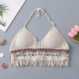 Maxbell Bohemia Crop Top Corset Vest Hollow Out Tank Camis Bralette for Women Rave 37cmx26cm Beige with Beads