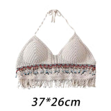 Maxbell Bohemia Crop Top Corset Vest Hollow Out Tank Camis Bralette for Women Rave 37cmx26cm Beige with Beads