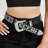 Maxbell Women Rhinestone Belt Cowgirl Adjustable Waist Belt for Party Dress Trousers black