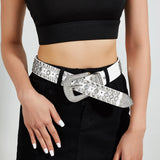 Maxbell Women Rhinestone Belt Cowgirl Adjustable Waist Belt for Party Dress Trousers white