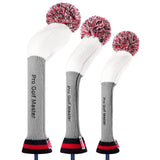 Maxbell 3Pcs Golf Wood Headcovers Anti Slip Adults Knitting Pom Pom Golf Accessories White Red