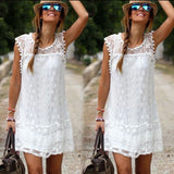 Women Summer Casual Lace Sleeveless Cocktail Beach Mini White Dress M