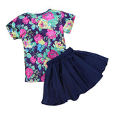Girls Summer Dress Short Sleeves Floral Pattern Tops with Black Skirt 90cm