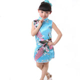 Kids Girls Classic Floral Peacock Chinese Cheong-sam Qipao Dress Blue#8