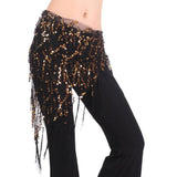 Lady's Belly Dance Sequins Triangle Hip Scarf With Tassel Black Gold