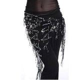 Lady's Belly Dance Sequins Triangle Hip Scarf With Tassel Black Silver