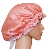 Navy Pure Silk Adjustable Sleeping Hat Night Cap with White Lace