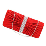 Women Elegant Crystal Satin Pleated Evening Party Wedding Trendy Handbag Red