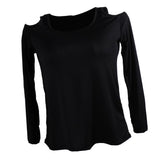 Women Strapless Long Sleeve Slim Round Neck T-Shirt Black XL