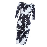 Fashion Women O Neck Half Sleeve Leaves Print Hip Slim Casual Dress L