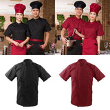 Men Women Mandarin Collar Short Sleeve Chef Coat Uniform Tops Red M