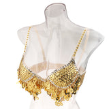 Belly Dance Beaded Bra Sequins Top Dancing Singer Costume Tassels Gold
