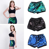 Women Color Changing Sequin Shorts High Elastic Waist S Green + Black