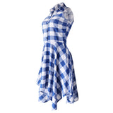 Women Sleeveless Side Pockets Plaid Pleated Casual Shirt Dress S Blue