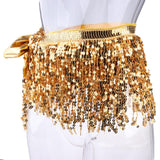 Fashion Belly Dance Waist Chain Hip Skirt Scarf with Sequins Tassel Gold