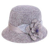 Womens Breathable Linen Bucket Hat Big Flower Church Wedding Dress Hat Gray