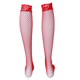 Women Fishnet Lace Top Mesh High Thigh Stockings Long Socks Red