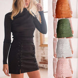 Max High Waist Lace Up Suede Slim Mini Skirt Short Bodycon A Line Gray S