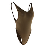 Max Plain Strappy High Cut Backless Bodysuit Sexy Women Bodycon Jumpsuit S Green