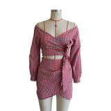 Two Piece Set Women Chiffon Plaids V Neck Chic Crop Top Mini Skirt XL Red