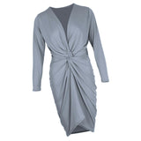 Long Sleeves Bodycon Bandage Dress Casual Asymmetrical Wrap Dress Gray M