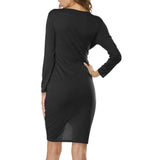 Long Sleeves Bodycon Bandage Dress Casual Asymmetrical Wrap Dress Black M