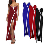 Women Off Shoulder Front Split Stripe Bodycon Clubwear Party Dress L Red