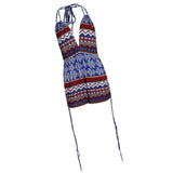 Vintage Boho Printed One Piece Swimsuit Swimwear Monokini Bikini Blue S