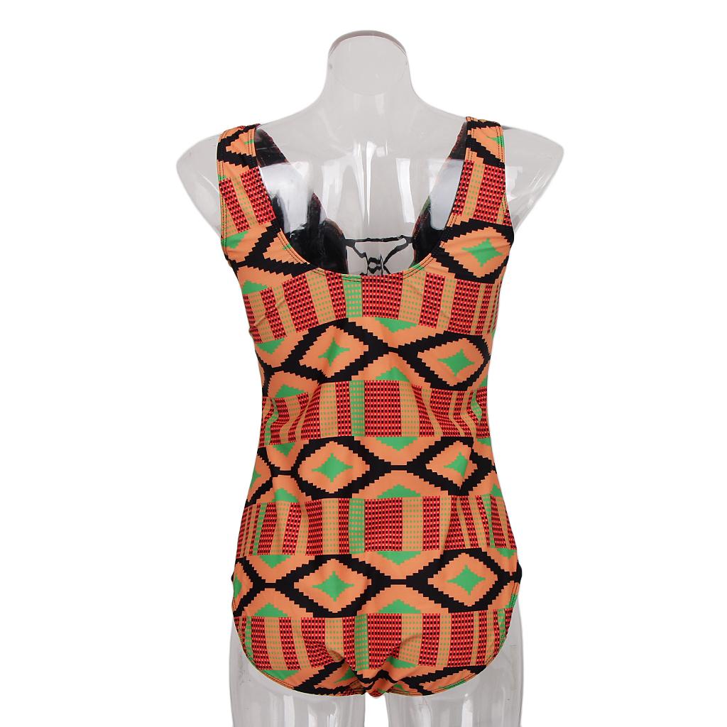 Max Vintage Geometric Prints One Piece Swimsuit Lace Up V Neck Swimwear 3XL