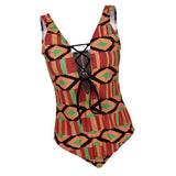 Max Vintage Geometric Prints One Piece Swimsuit Lace Up V Neck Swimwear 3XL