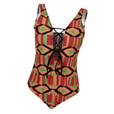 Max Vintage Geometric Prints One Piece Swimsuit Lace Up V Neck Swimwear 3XL