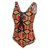 Max Vintage Geometric Prints One Piece Swimsuit Lace Up V Neck Swimwear M