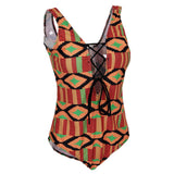 Max Vintage Geometric Prints One Piece Swimsuit Lace Up V Neck Swimwear S