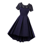 Vintage Pleated Swing Dress Open V Back Lace Top 50s Dress Navy Blue S