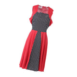 Retro Polka Dots Sleeveless Dress Square Neck Color Blocking Midi Dress L