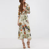 Women Floral V Plunge Ladies Maxi Wrap Holiday Summer Beach Dress M Beige